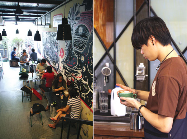 40 Hands’ graffiti-walled space draws hipsters and coffee aficionados alike (left). A not-so-kiasu barista who is generous with his milk foam and coffee (right)
