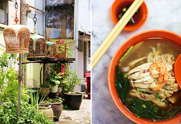 Traditional singing dove cages in Concubine Lane (left). Sar hor fun – a soupy bowl of silky noodle strands topped with shredded chicken meat, shrimp and green onions – at Restoran Ipoh Kong Heng  (right)