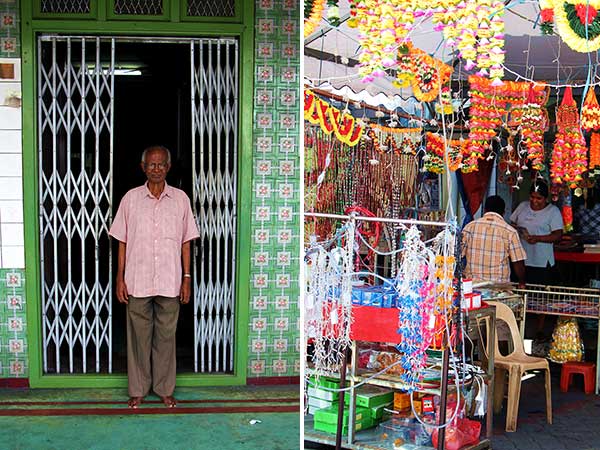 Mr Sambanthan, the caretaker of the Ambika Estates Office at Jalan Sultan Iskandar (Hugh Low Street) (left). Decorations galore at Little India (right)
