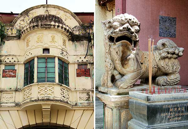The Han Chin Pet Soo clubhouse, built in 1929 by towkays Yau Tet Shin and Leong Fee for Hakka tin miners (left). A finely crafted stone lion guarding the Paloh Ku Miao (right)