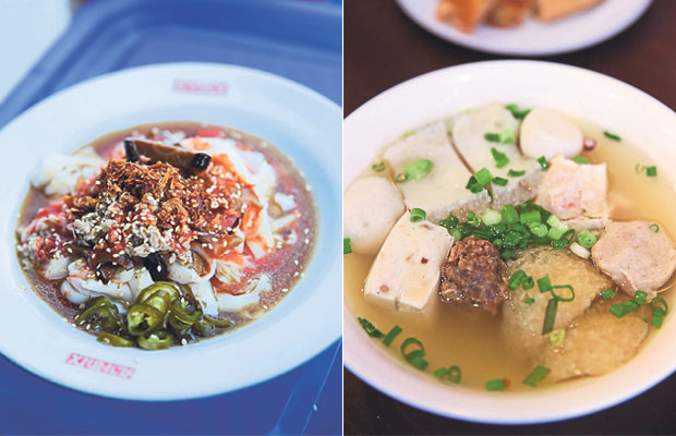 Look for this delicious mushroom chee cheong fun at the SS2 morning market (left). A selection of yong liew at Ipoh Sedap including pig skin stuffed with fish paste, pork tendon balls and stuffed tofu (right)