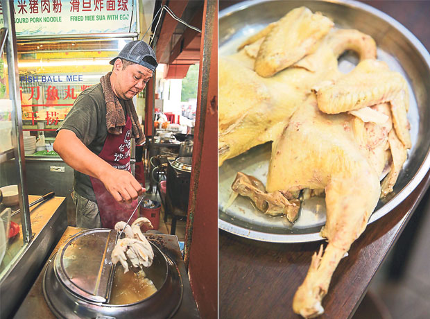 Neoh Chee Heng prepares his ingredients for the bowl of noodles a la minute to keep it fresh (left). At Ipoh Sedap, you can take away or dine on the famous salt-baked chicken from Aun Kheng Lim (right)