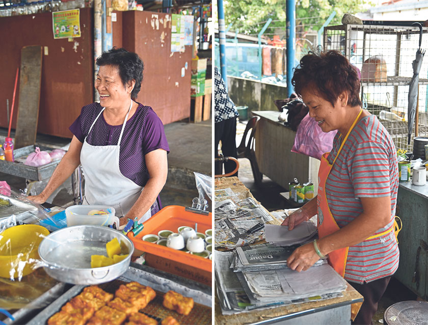 The chirpy lady who runs the kuih stall at Pasir Puteh treats each customer like her long lost friend (left). Service with a smile from the lady who runs the kuih stall at Pasir Puteh (right)