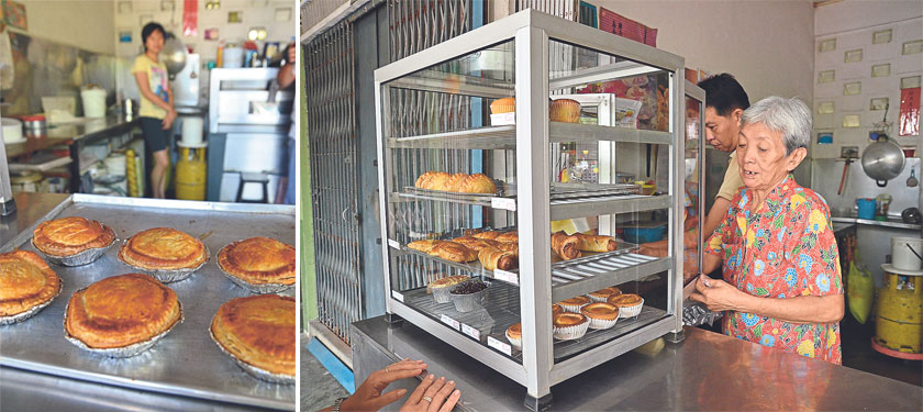 Signature pies with their golden flaky pastry (left). The mother-and-son team run the 16-year old stall no. 29 that sells cakes, pies and pastries (right)
