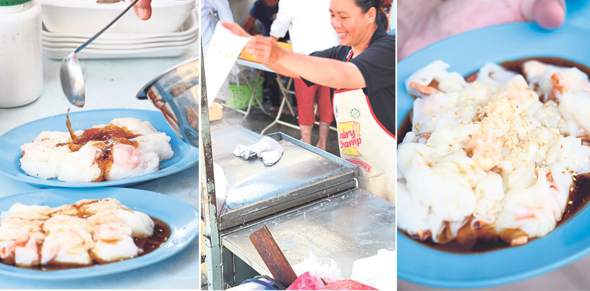 The secret-recipe sauce is what makes this chee cheong fun extraordinary (left). Mrs Ee always has a ready smile while she makes steams the rolls of chee cheong fun (center). Hong Kong-style chee cheong fun (steamed rice noodle rolls) at Taman Pelangi (right)