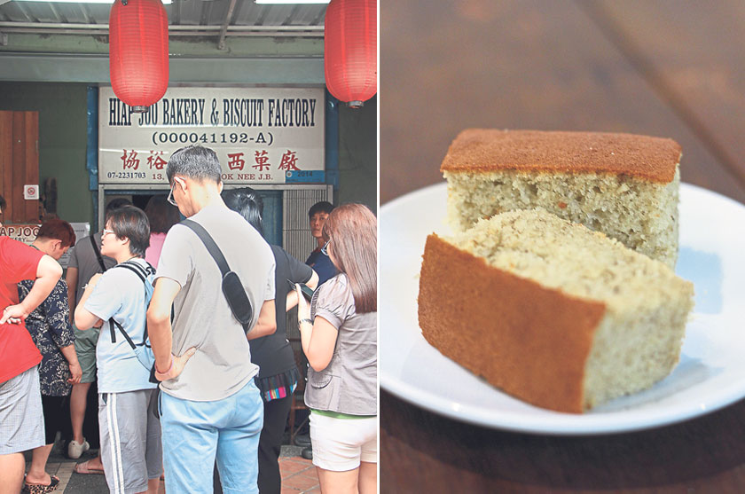 The ever-present queue outside Hiap Joo Bakery & Biscuit Factory (left). Hiap Joo Bakery & Biscuit Factory’s signature banana cake, baked using a wood fire oven (right)