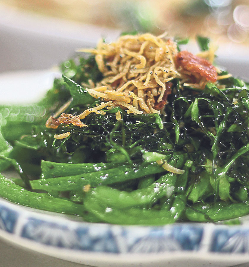 Green Bean Floss (crunchy stir-fried French beans topped with deep-fried shredded kai lan, dried anchovies, and dried squid