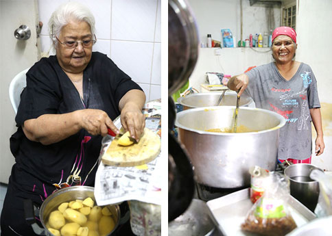Gai’s mother cutting up the potatoes for the dalca (left). The aromatic scent of Gai’s cooking makes you dizzy with hunger (right)