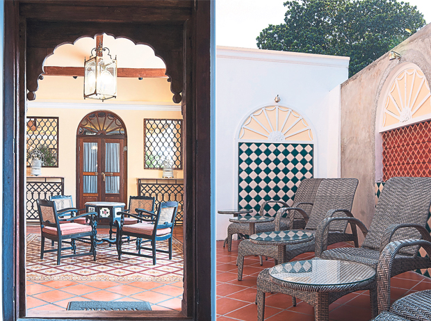The ancient carved wooden arch opening out to the sitting area on the first floor (left). A corner to relax next to the water feature (right).
