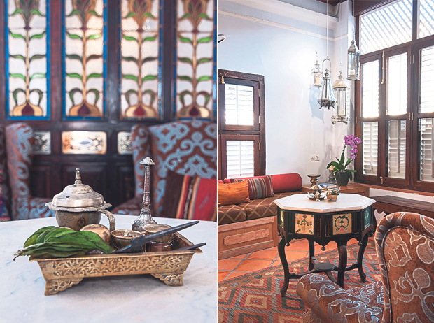 Malay inspired decor at Jawi Peranakan Mansion included this tepak sirih at its lounge area on the ground floor (left). The sitting area with a decor of Anglo Indian and Malay influences (right).
