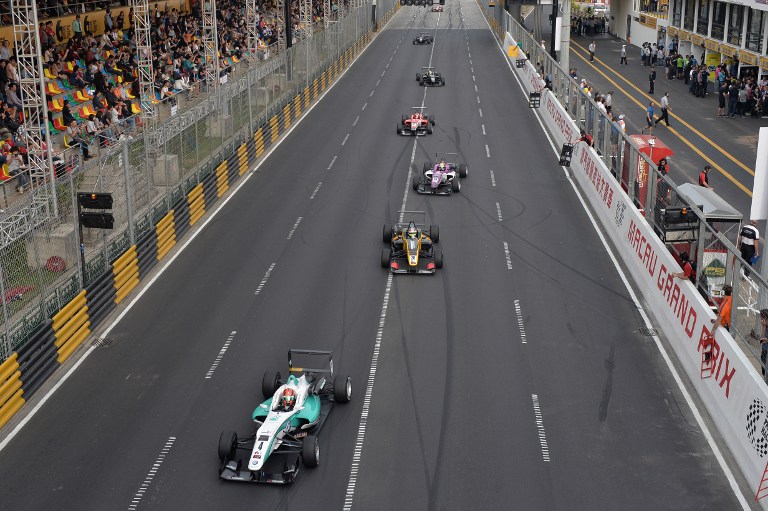 Carlin team's Jazeman Jaafar of Malaysia (front) and other drivers power their cars during the Formula Three Macau Grand Prix on November 17, 2013. u00e2u20acu201d AFP pic