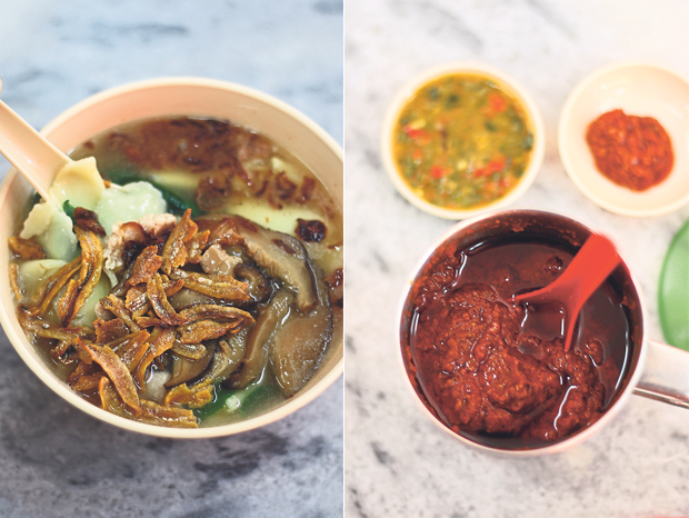 With its generous portion of fried ikan bilis and shallots, the pan mee at Ttua Mark Pan Mee House is exceptionally delicious (left). You will be spoiled for choice with the sauces and sambal here (right)