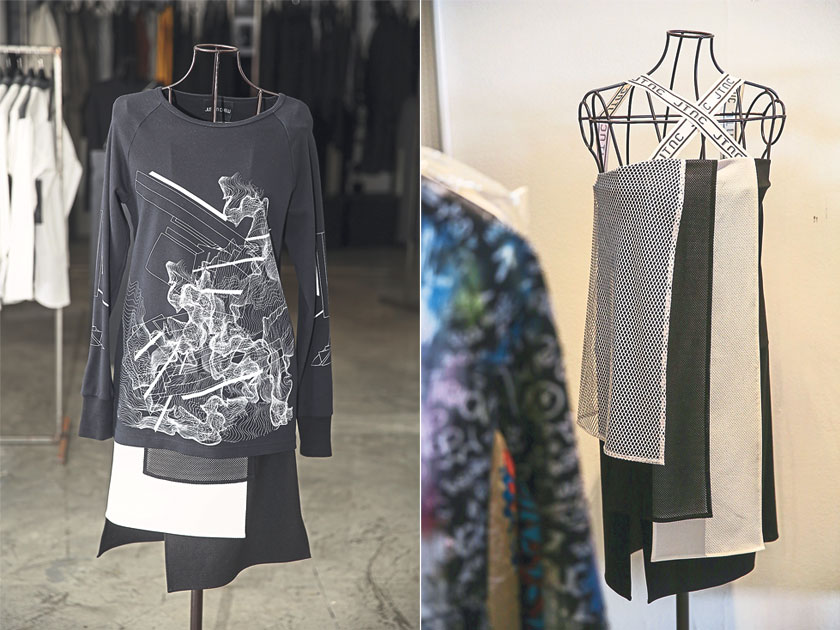 Chew likes to explore androgynous looks such as this ensemble (left). Expect more avant-garde designs such as this dress from the up-and-coming fashion designer (right)