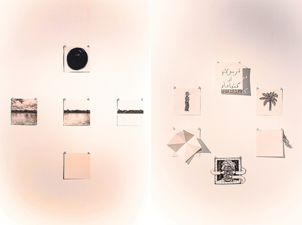 “Dari Ketiadaan Sampai Ke Sini: Ada” (ink on paper) by Poodien (left). “Dari Ketiadaan Sampai Ke Sini: Tiada” (ink on paper) by Poodien (right)