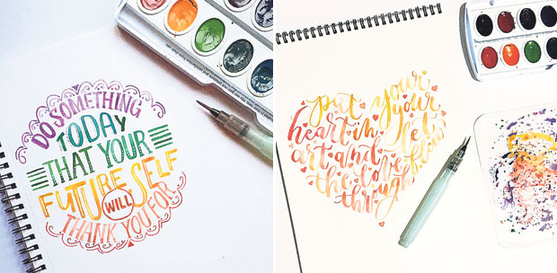 Brush calligraphy will be introduced in later workshops (left). Jil of Inks and Letters also does commissioned calligraphy work besides running the workshops (right).