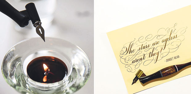 To remove the protection on the nib, you have to melt it over fire (left). Jil enjoys writing quotes in calligraphy (right)