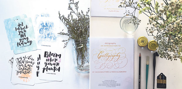 After learning calligraphy, you can make greeting cards with beautiful script as gifts for loved one (left). At every workshop, participants receive these calligraphy tools and syllabus including yummy treats! (right)
