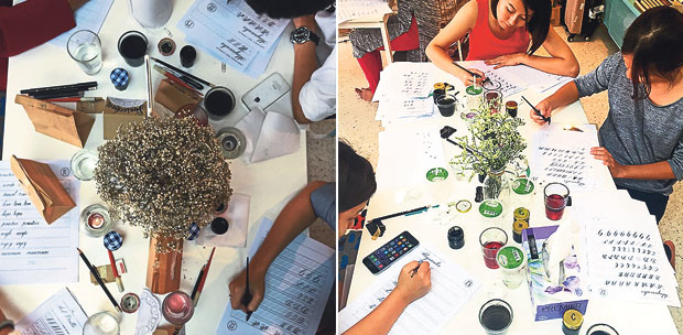 By the end of the workshop, you would be able to do calligraphy (left). A #KLigraphy session at work where you spend five hours perfecting the art of penmanship (right)