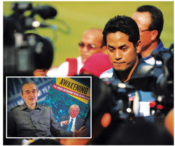 Khairy Jamaluddin says the contents of the book speak about things the public has already been talking about. (Inset) Tun Abdullah Ahmad Badawi with the cover of the book. u00e2u20acu201d The Malay Mail pic