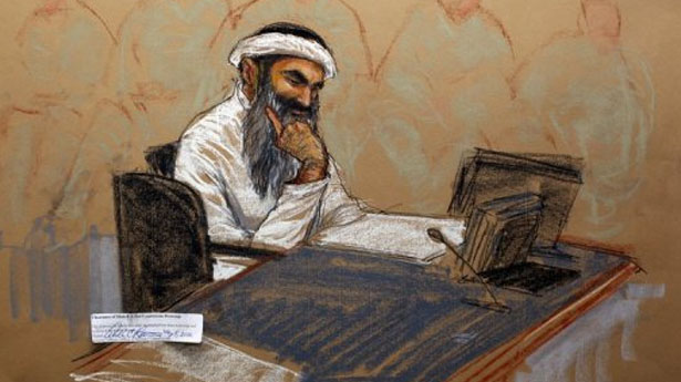 A photo of a sketch by courtroom artist Janet Hamlin, of 9/11 mastermind Khalid Sheikh Mohammed. u00e2u20acu201d AFP pic
