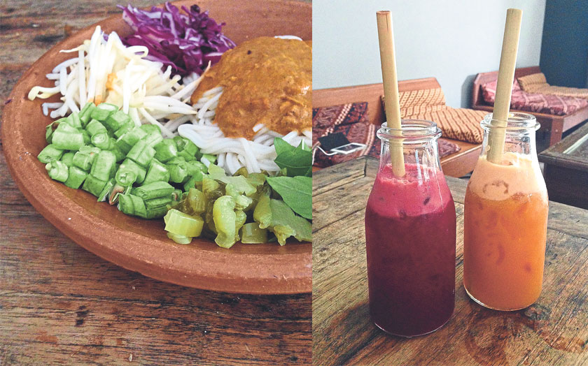 Kha Nom Jeen or Thai fish noodles (left). Cold beverages come with bamboo straws that are sourced locally (right)