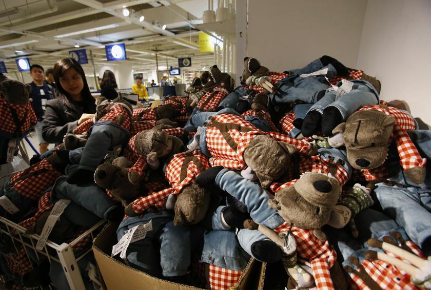 Plush wolves named 'Lufsig' are piled up in front of checkout counters at furniture retailer IKEA in Hong Kong January 29, 2014. — Reuters pic
