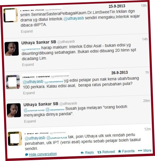 Isu novel Interlok juga kembali hangat diperkatakan menerusi Twitter.