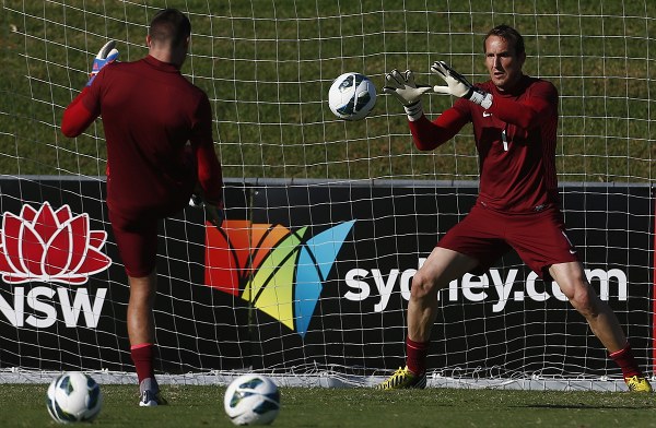 Australiau00e2u20acu2122s national football team goalkeeper and captain Mark Schwarzer catches a ball during a training session ahead of his World Cup qualifier match against Oman in Sydney March 25, 2013. u00e2u20acu201d Reuters pic