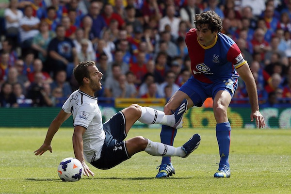 Crystal Palaceu00e2u20acu2122s Mile Jedinak (right) challenges Tottenham Hotspuru00e2u20acu2122s Roberto Soldado during their English Premier League match at Selhurst Park in London August 18, 2013. u00e2u20acu201d Reuters pic