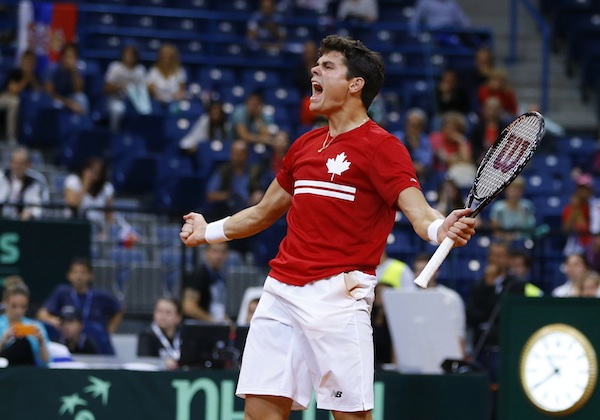 Canadau00e2u20acu02dcs Milos Raonic celebrates his victory over Serbiau00e2u20acu02dcs Janko Tipsarevic after their Davis Cup semi-final tennis match in Belgrade September 13, 2013. u00e2u20acu201d Reuters pic
