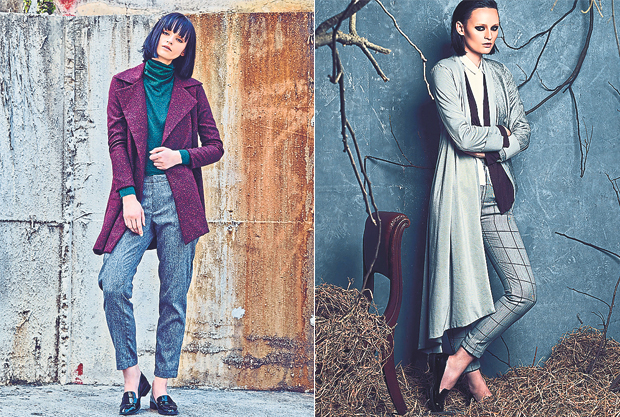 Add a pop of colour to your winter wear with this purple coat and emerald green top (left). Elegant and sophisticated are words used to described this outfit (right)
