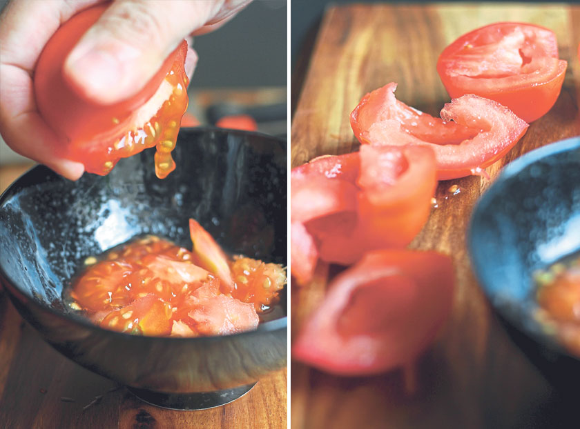  Squeeze the halved tomatoes to get rid of the seeds and pulp (left). Roughly chop the de-seeded tomatoes (right)