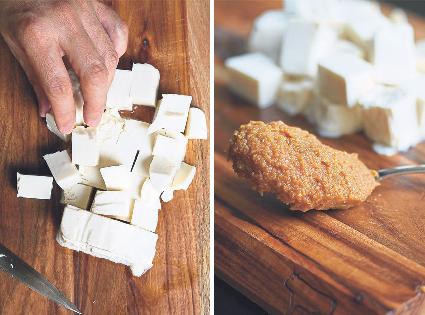 Cube the soft tofu carefully (left). Choose a miso that suits your taste: white (shiromiso), red (akamiso) or mixed (awasemiso) (right)