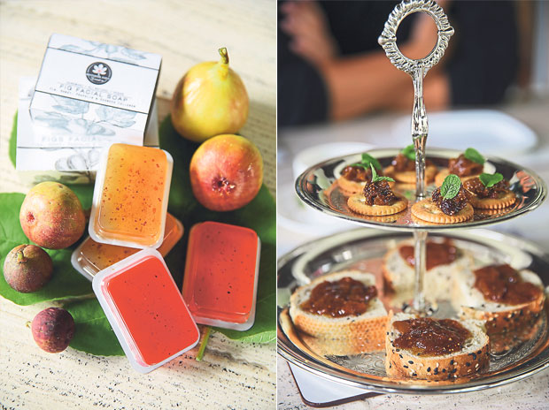 The latest product by Mutiara Figs Garden is their Figs Facial Soap in two fragrances; peach and strawberry (left). For a quick snack, try the savoury fig relish with crackers (top tier) or just spread the caramelised figs on sliced bread (bottom tier) (right)