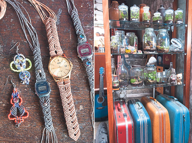 Oon’s “Tumbleknots” handicrafts will soon be on sale at the cafe (left). The shelf of terrariums at the Narrow Marrow as part of the decor in the narrow cafe (right)
