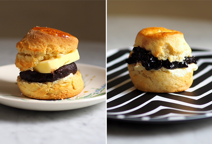 The crumbly buttermilk scone is delicious paired with red bean paste and creamy butter (left). You can mix and match various jams like this blackcurrant coffee one with clotted cream and your favourite flavour of scones.