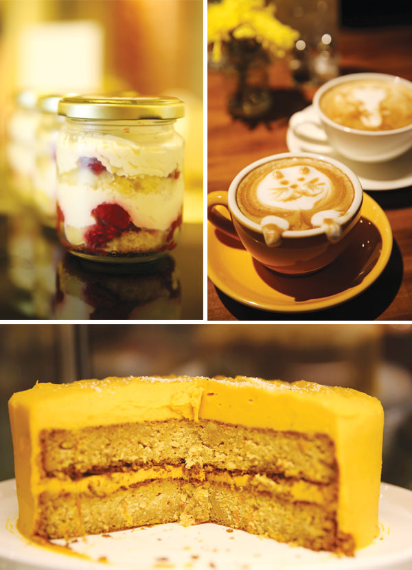 The lemon trifle packed in a nifty jar is a refreshing dessert with tangy lemon curd, roasted berries and whipped cream (top-left). Perk up your coffee with adorable 3D latte art (top-right). The papaya cake introduced for Merdeka Day is fast becoming a favourite (Bottom)  