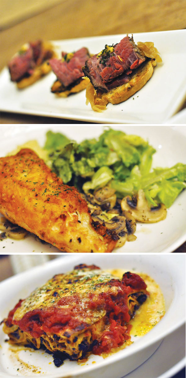 Enjoy bar bites like a delicious salt beef bruschetta from 6.30pm onwards (top). A crowd favourite is the pan seared slow cooked chicken served with sauteed button mushrooms and garlic mashed potatoes (center). Garfield would approve of the delicious lasagna with layers of casseroled minced beef and lamb, bechamel sauce and cheddar cheese (bottom)