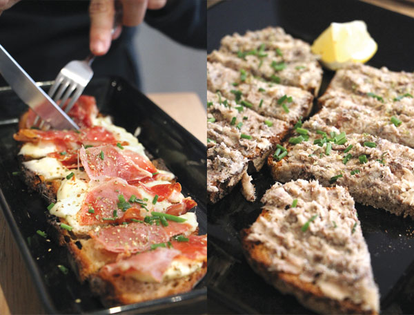 Cuisine de Bar offers tartines (open-faced sandwiches) toppings such as Saint-Marcellin cheese covered with Bayonne ham (left) or sardine paste, olive oil and chives (right)