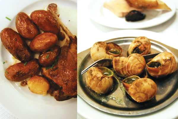 Traditional French favourites at Chartier include duck confit with roasted new potatoes (left) and escargots baked in garlic butter and parsley (right)