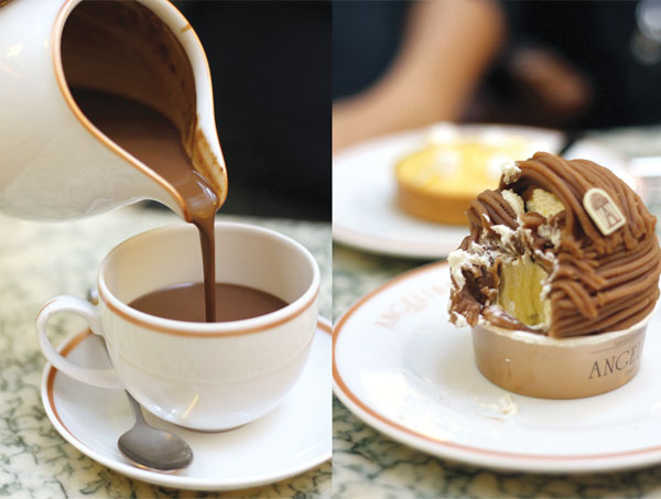The decadent hot chocolate (left) and Mont Blanc dessert (right) at La Maison Angelina
