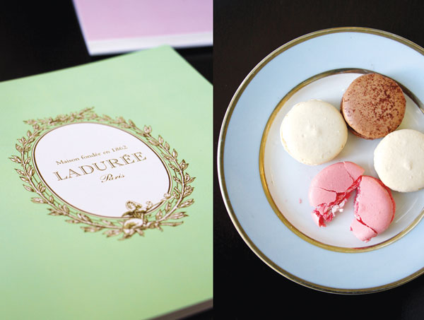 The best items in Ladurée’s signature pastel green menu (left) are their exquisite macarons (right)