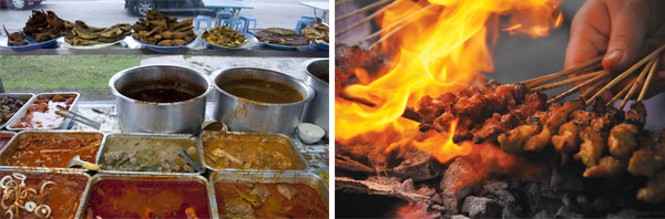 The nasi Melayu stall at Terengganu Road has a wide array of dishes to choose from (left). Strips of chicken, pork, venison, beef, mutton or wild boar seasoned in a variety of sauces grilled over a charcoal fire at Terengganu Road (right).
