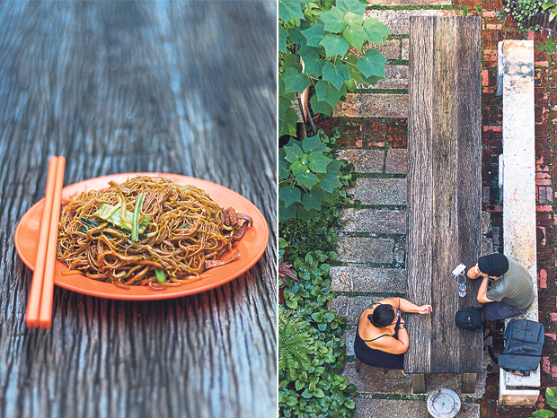 A plate of vegetarian char beehoon from the ramshackle kopitiam opposite Ren I Tang (left). Guests enjoying Ren I Tang’s open-air courtyard (right)