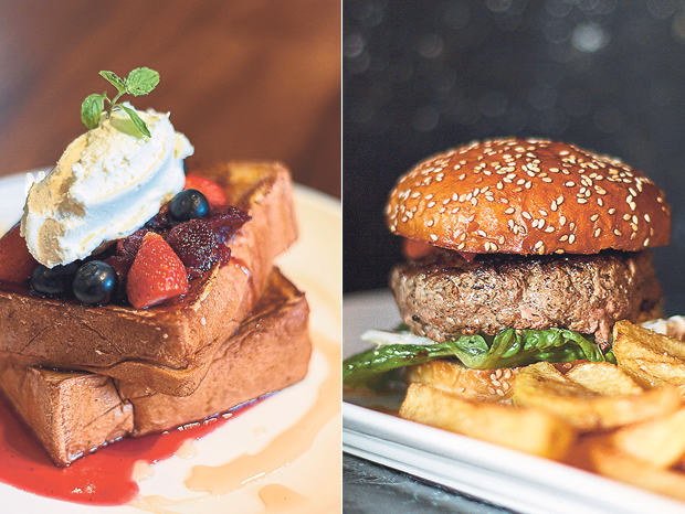 The French Toast at Black Kettle comes laden with berries, mascarpone and honey (left). The popular Tatziki Burger at Junk Cafe (right)