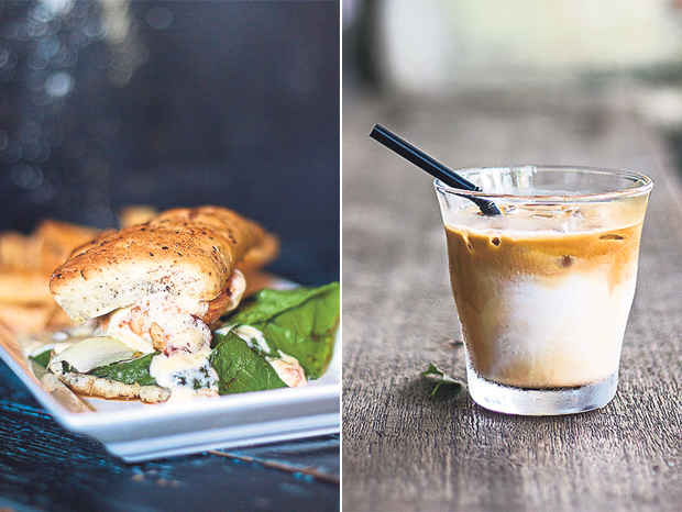 Junk Cafe’s Blood Cream Chicken Sandwich is given a Mediterranean boost with a judicious use of sun dried cherry tomatoes (left). Cool down with Spacebar Coffee’s single origin iced latte (right)