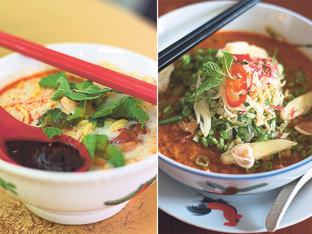 A spoonful of pungent chilli paste completes this bowl of curry mee (left). Bistro Tang’s assam laksa is made from a family recipe (right)