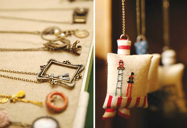 Brass necklaces with a Victorian feel are a must-have for every wardrobe (left). Felt crafted key chains make wonderful gifts (right)