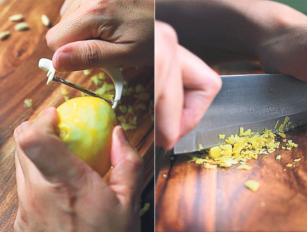 Grate the skin of the lemon for its zest (left). Chopping the larger pieces of lemon zest into smaller bits (right)