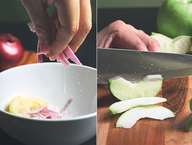 Use the remaining cut lemon halves to pickle the sliced red onion in its juicy pulp (left). Green apples add some tartness and bite to the salad (right)